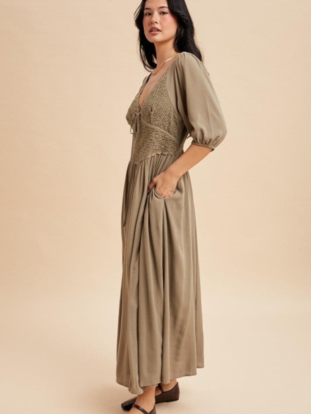 Crochet Bodice Maxi Dress in Olive with Puff Sleeves - Picture 5 of 13
